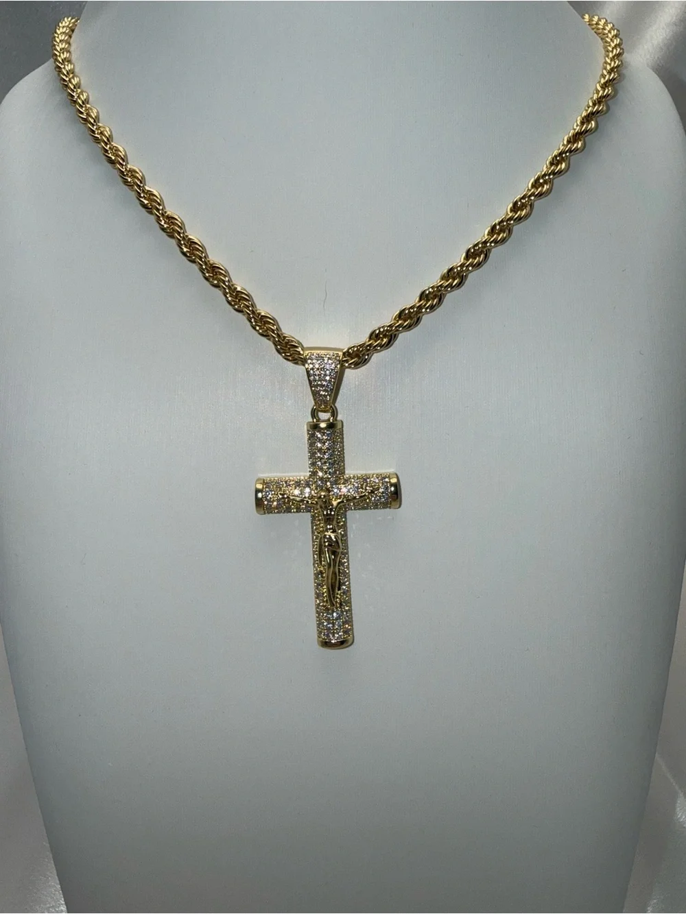 24 Inch Rope Chain CZ Cross Pendant Necklace 18k gold dipped, 14k stamped